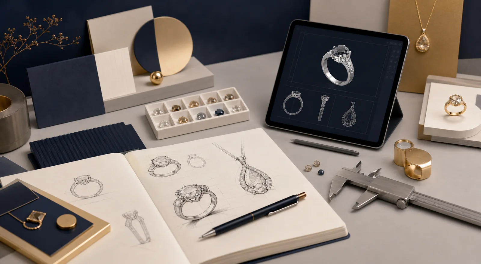 Jewelry manufacturing process illustration showing design development