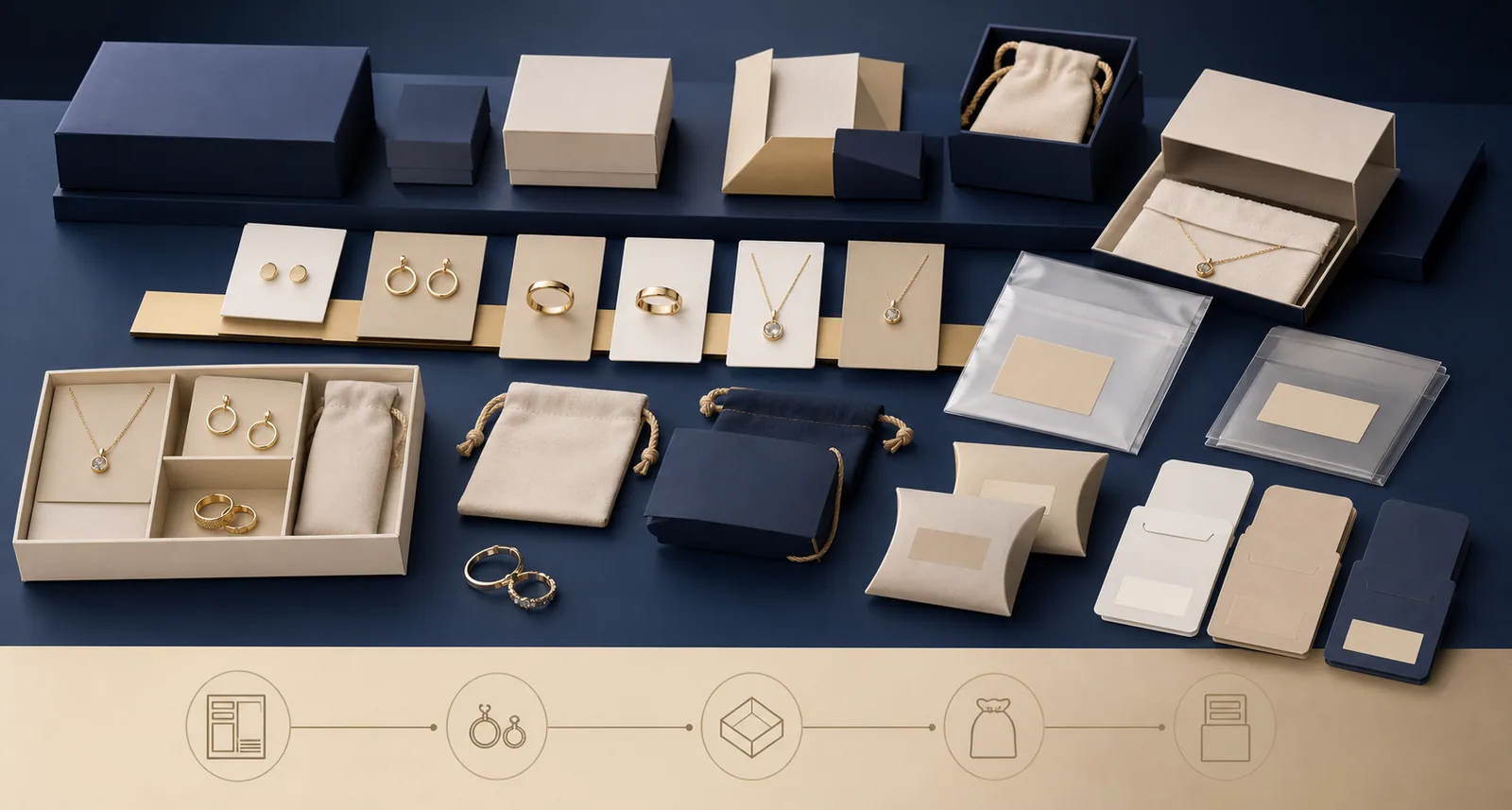 Jewelry manufacturing process illustration showing packaging options