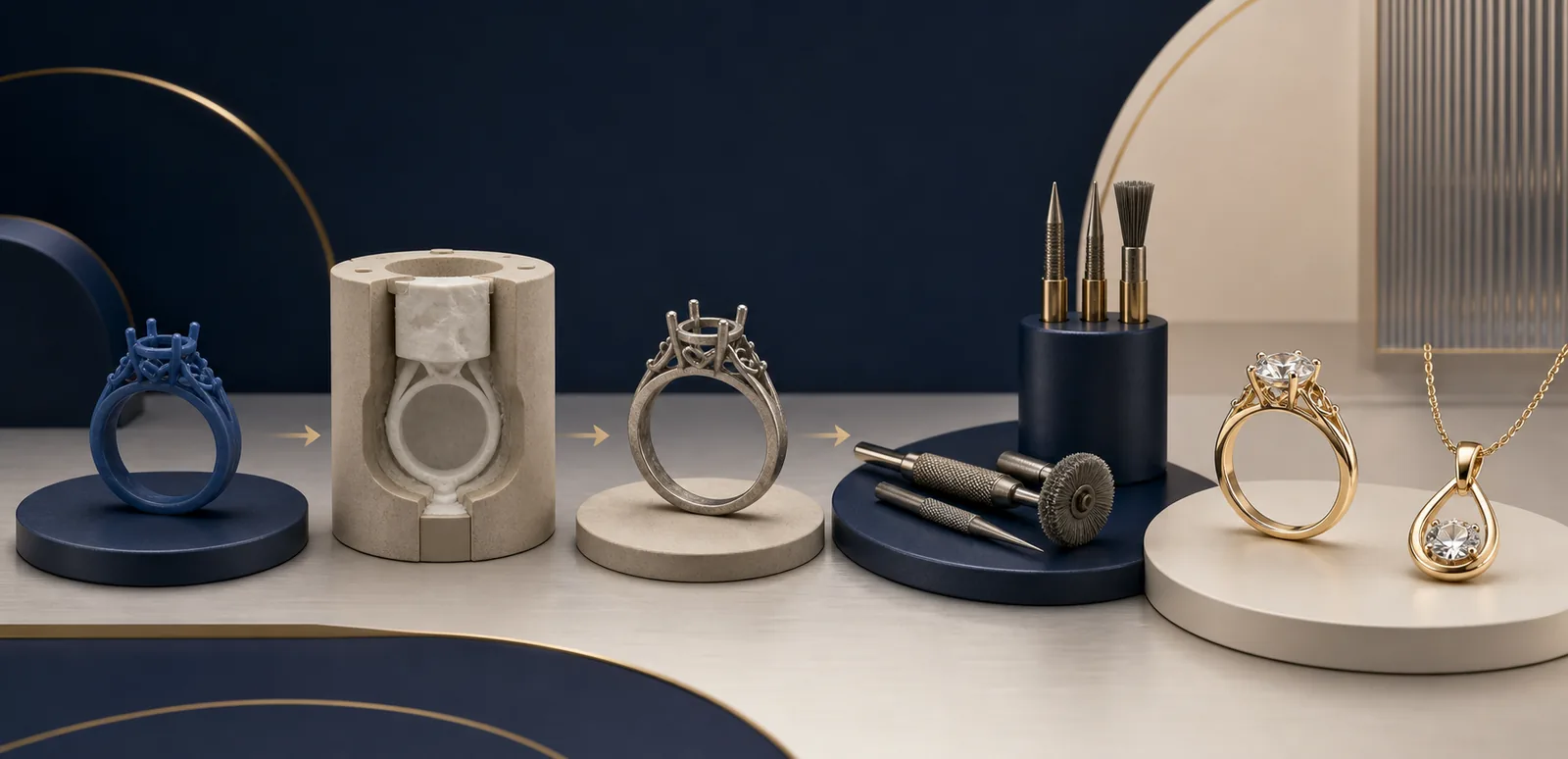 Jewelry manufacturing process illustration showing production stages