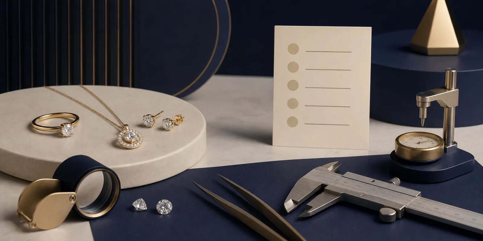 Jewelry manufacturing process illustration showing quality inspection